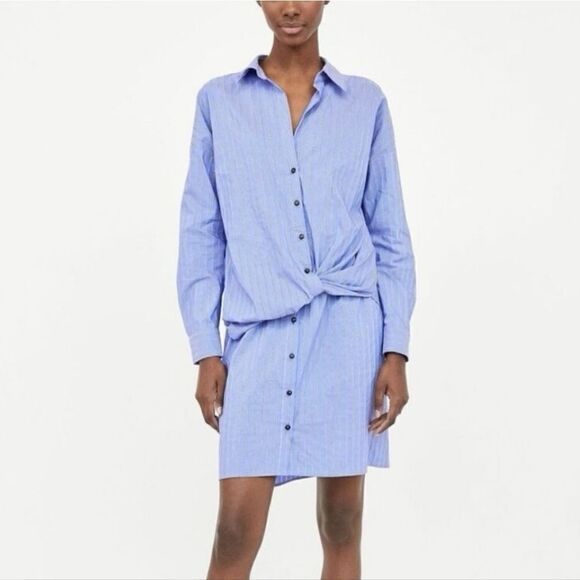 Zara Small Shirt Dress Button Front Blue Stripe Twist Front Long sleeve - Picture 2 of 11